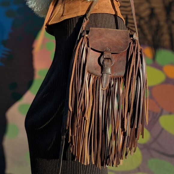 Handmade Handbags - Vintage Tooled Leather Fringe Mini Crossbody bag